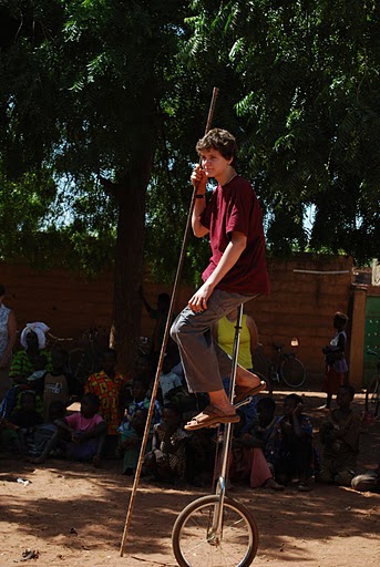 Kevin as Goliath, on his giraffe unicycle