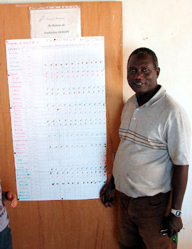 Photo of Timothy Kodio next to the completed progress chart for the Dogon Bible