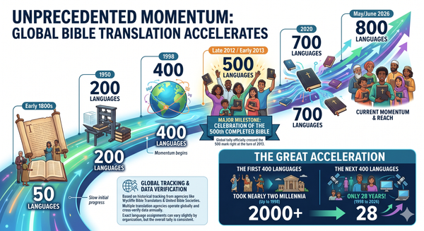 Bible translation accelerates from 50 languages in the early 1800s to 800 in 2026